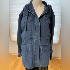 Forever 21 NWT Women's Blue Denim hooded Jacket pockets relaxed fit Size M
